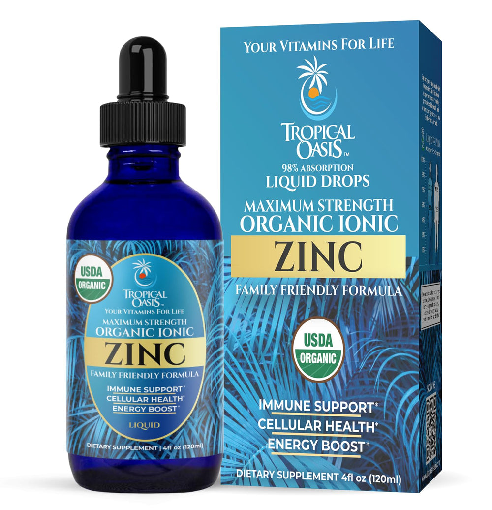 Front view of the USDA Organic Ionic Zinc Drops 4 oz bottle with dropper.