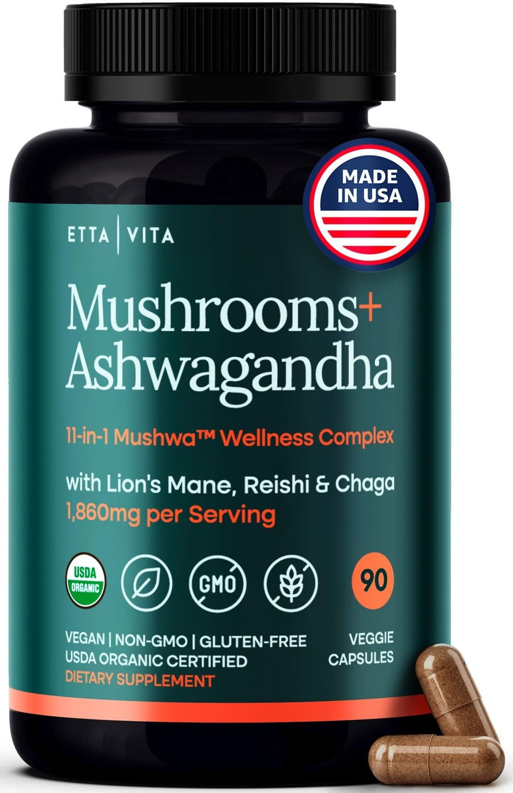 USDA Organic Lions Mane with Ashwagandha 18,600mg serving label