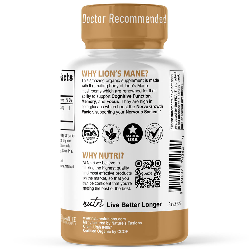USDA Organic Lion's Mane extract ingredients panel