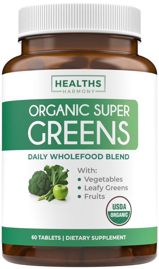 Bottle of USDA Organic Super Greens supplement on white background