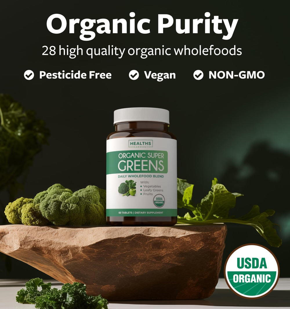Herbs and greens including barley grass, broccoli, spinach and spirulina