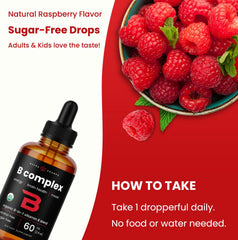 Front label of B Complex Liquid Drops highlighting 60 servings
