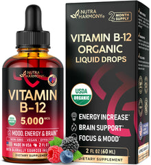 USDA Organic Vitamin B12 Sublingual Drops bottle with 5000 mcg