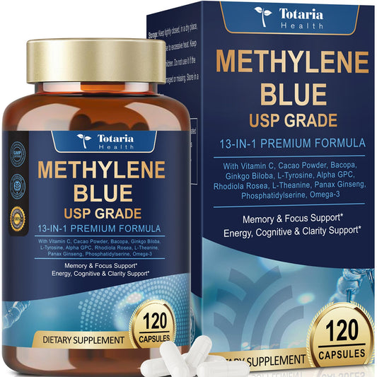 Bottle and box of USP Methylene Blue 13-in-1 Brain Formula