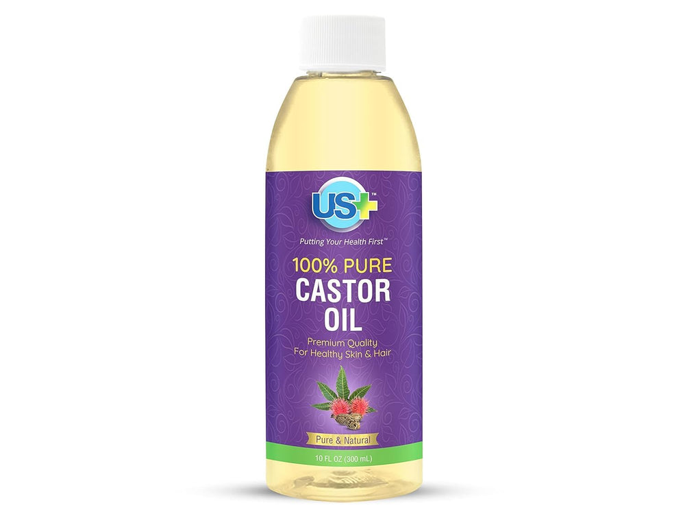 US+ Castor Oil bottle closeup for convenient daily use.