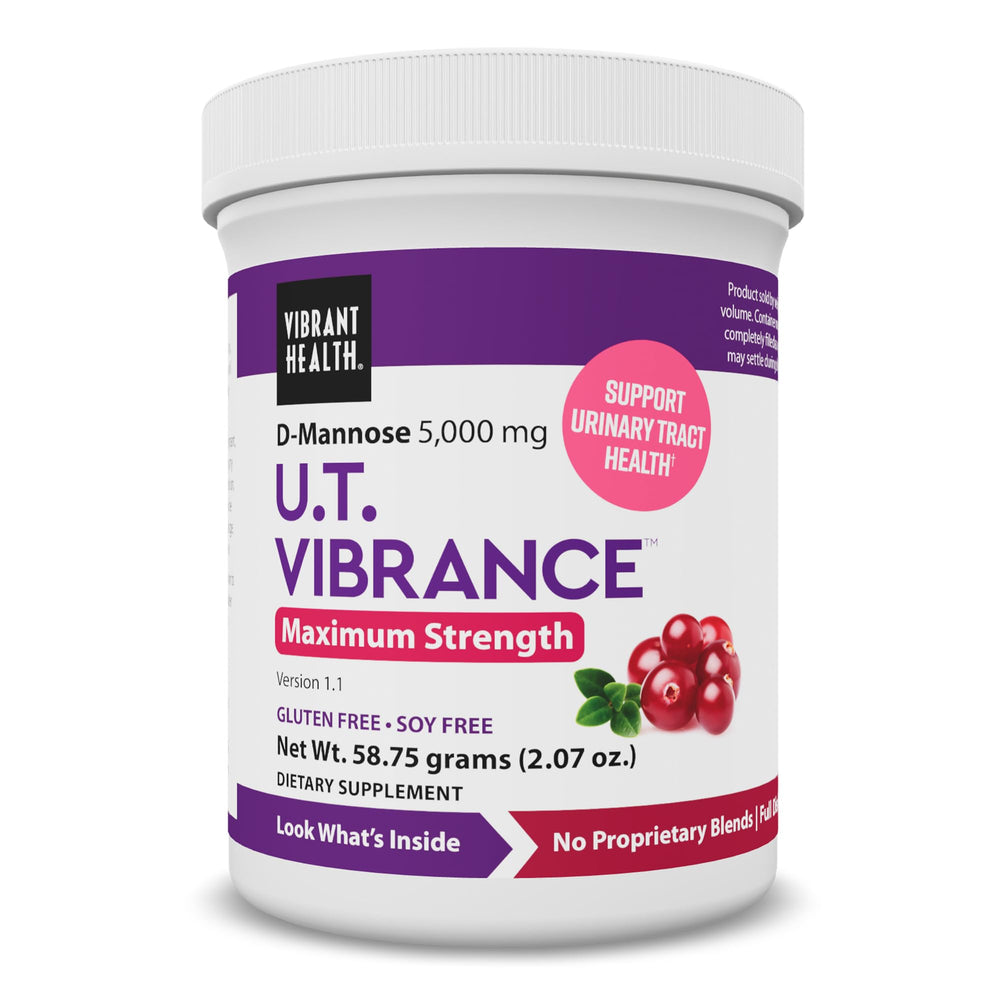Front view of Vibrant Health U.T. Vibrance Powder container showcasing 10 servings