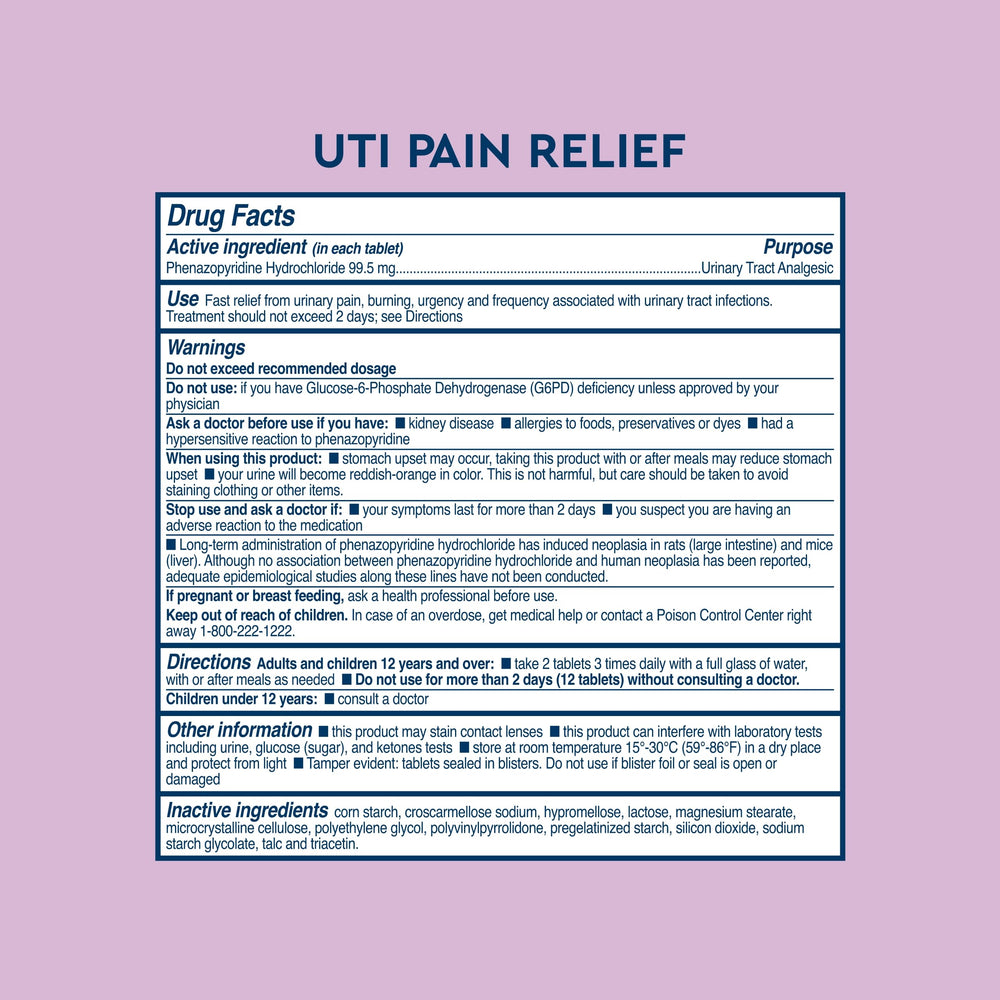 UTI pain relief tablets (phenazopyridine hydrochloride) – 12 tablets