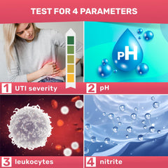 UTI test strips showing leukocytes, nitrite, and pH indicators