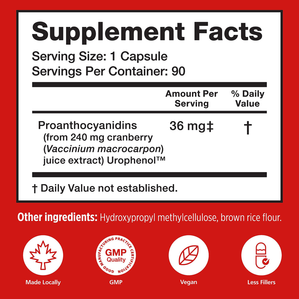 Canada-made vegan cranberry supplement bottle