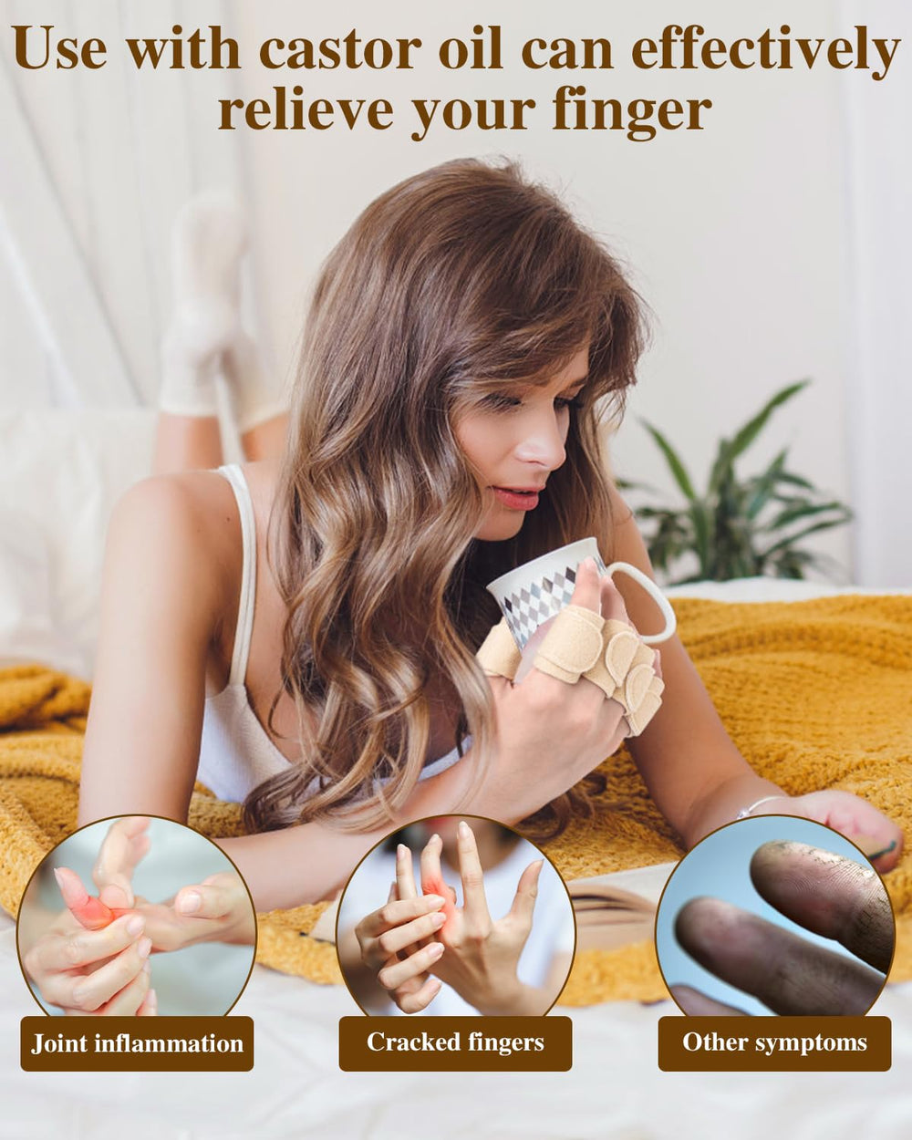 Finger and thumb wrapped with castor oil compress in use