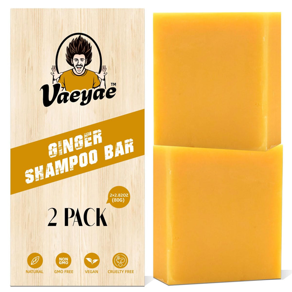 VAEYAE Ginger Shampoo Bar packaging showcases eco-friendly solid cleansing