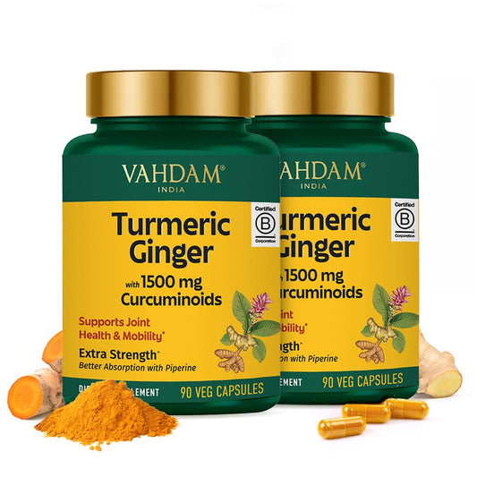 Front view of VAHDAM Turmeric Ginger 1900mg bottle