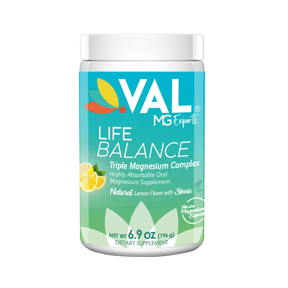 VAL Triple Magnesium Complex powder canister with lemon flavor label