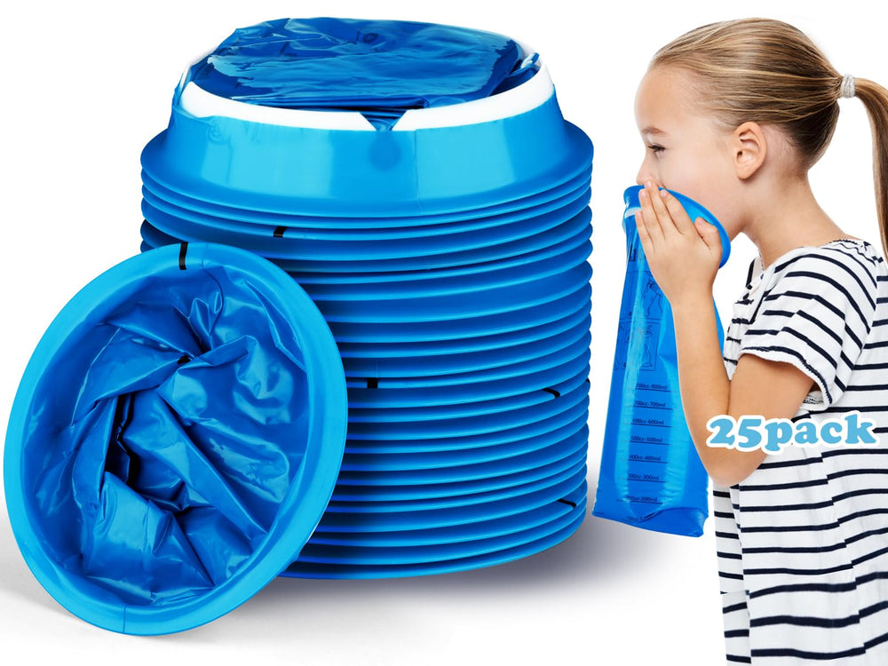 Valchoose 25-pack kids throw up bags blue pack front view for car trips.