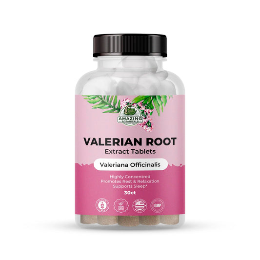 Bottle of Amazing Botanicals Valerian Root Tablets with label
