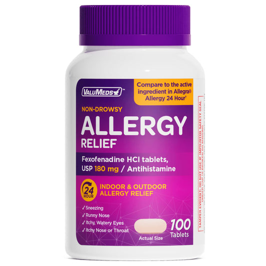 ValuMeds fexofenadine HCl 180mg bottle for 24-hour allergy relief.