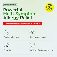 ValuMeds 24 hour relief bottle illustrates all day allergy support