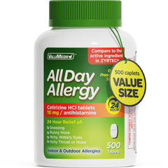 ValuMeds allergy pill bottle shows daytime relief for family use