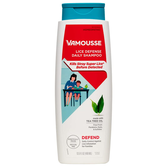 Vamousse Head Lice Defense Shampoo bottle ready for daily use to prevent infestation.