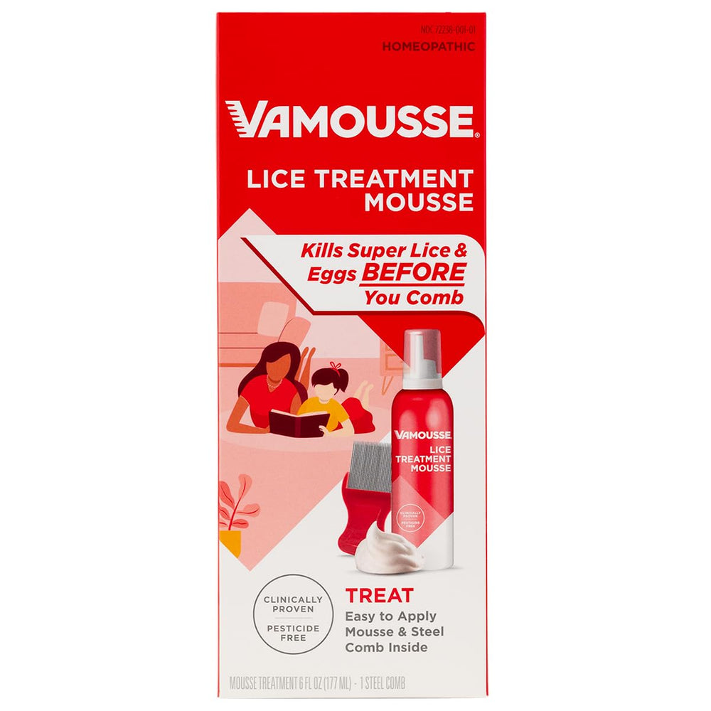 Vamousse Lice Treatment Mousse bottle demonstrates pesticide-free formula for lice removal