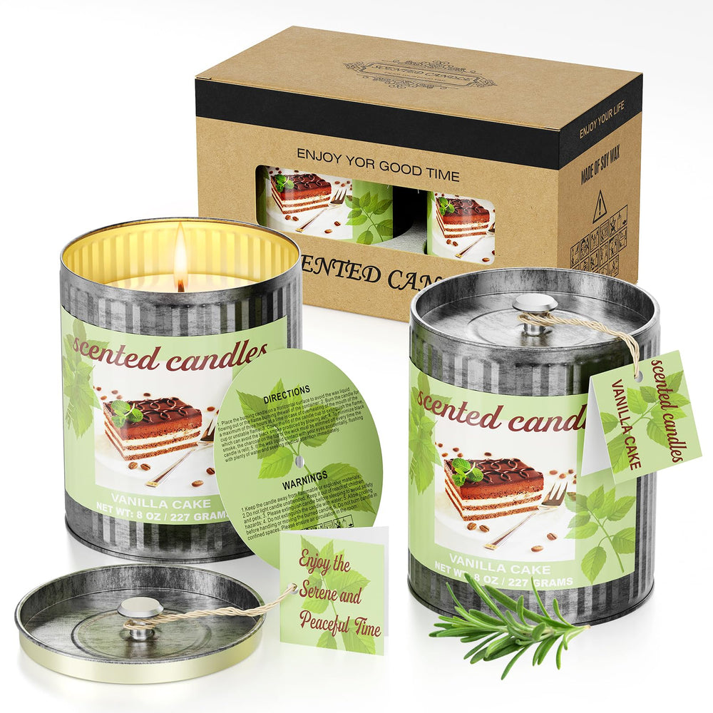 Two 8oz vanilla cake scented candles in a rustic metal gift tin.