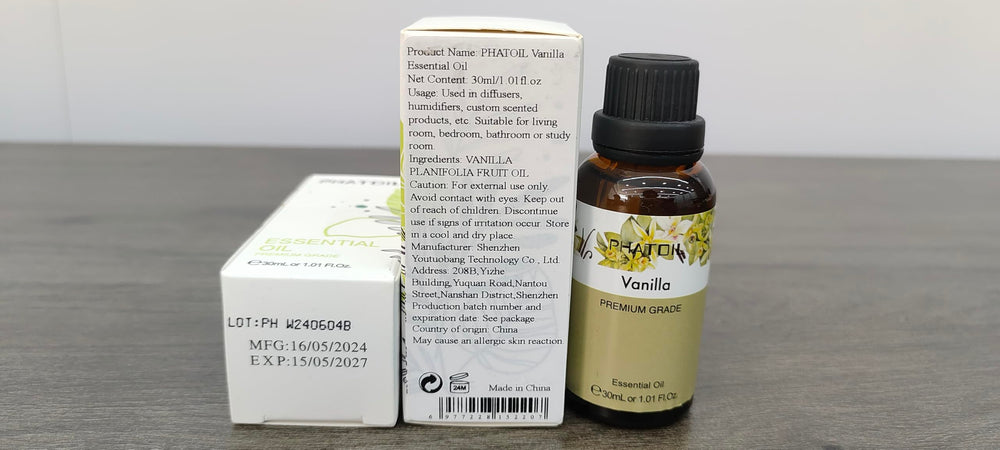 Close-up of vanilla essential oil label and dropper