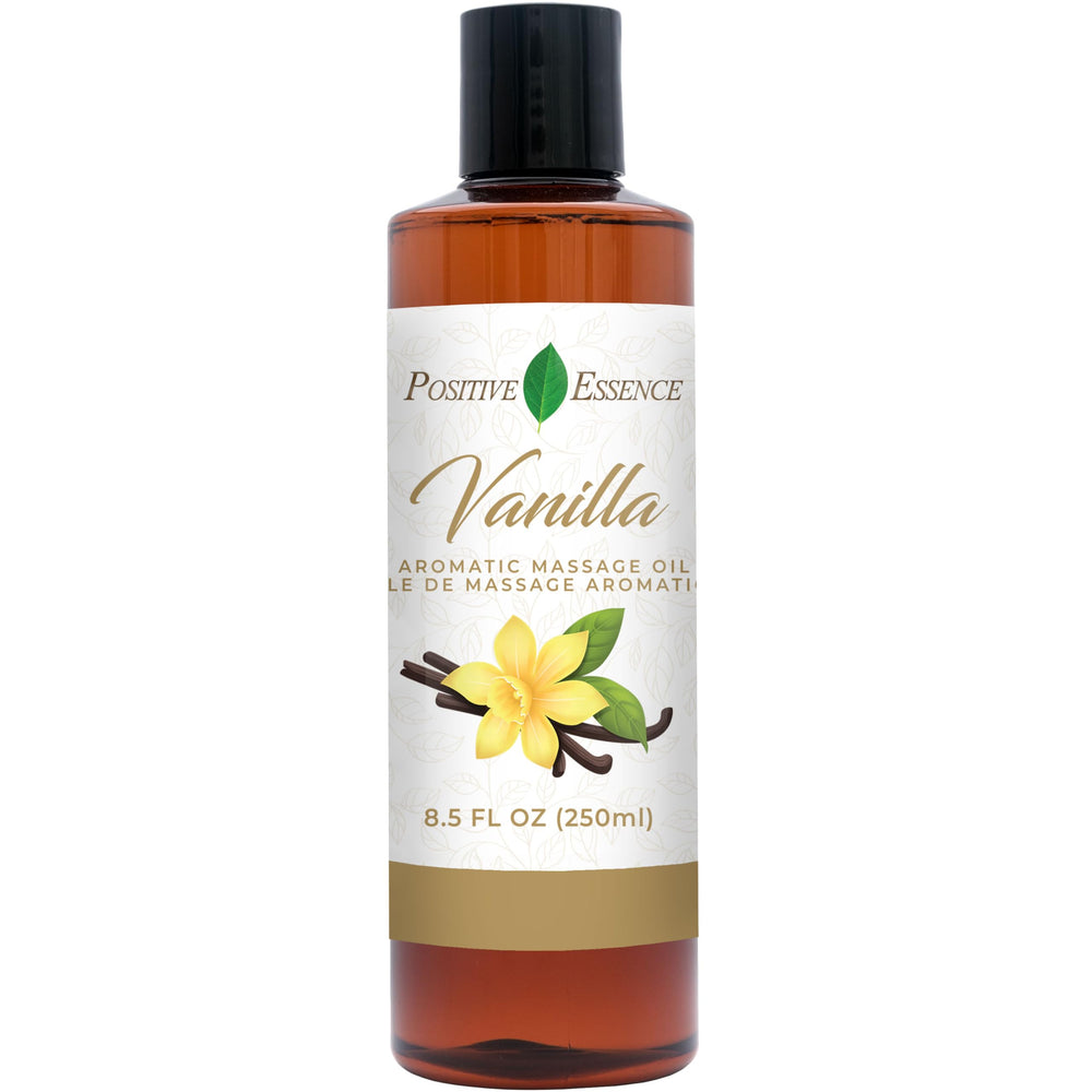 Bottle of vanilla massage oil on a white background