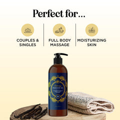 At-home spa setup with vanilla massage oil and candles
