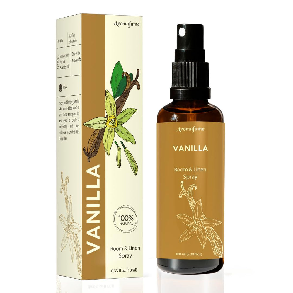 Aromafume Vanilla Room Spray bottle with vanilla beans