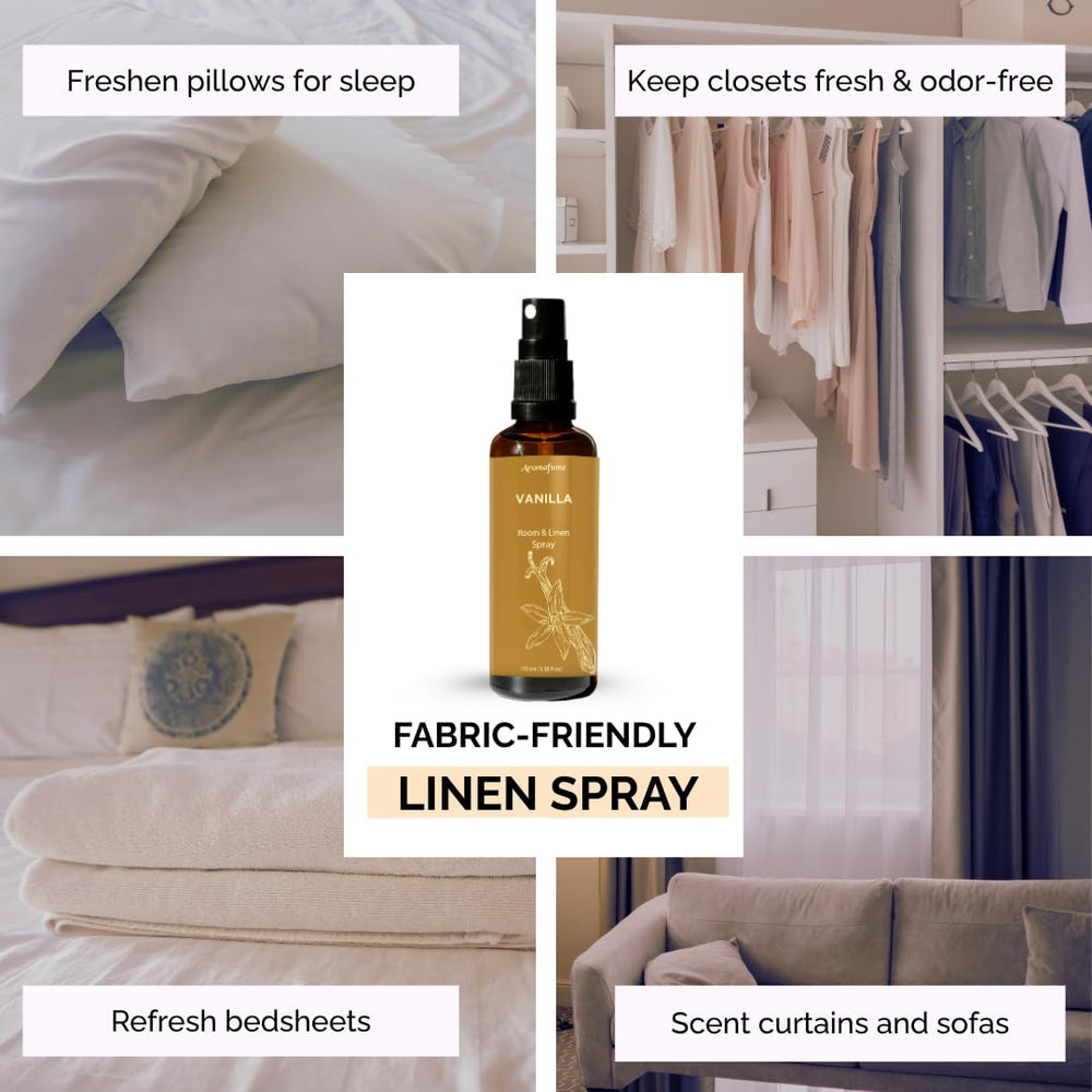 Vanilla Room Spray displayed on linen with warm lighting