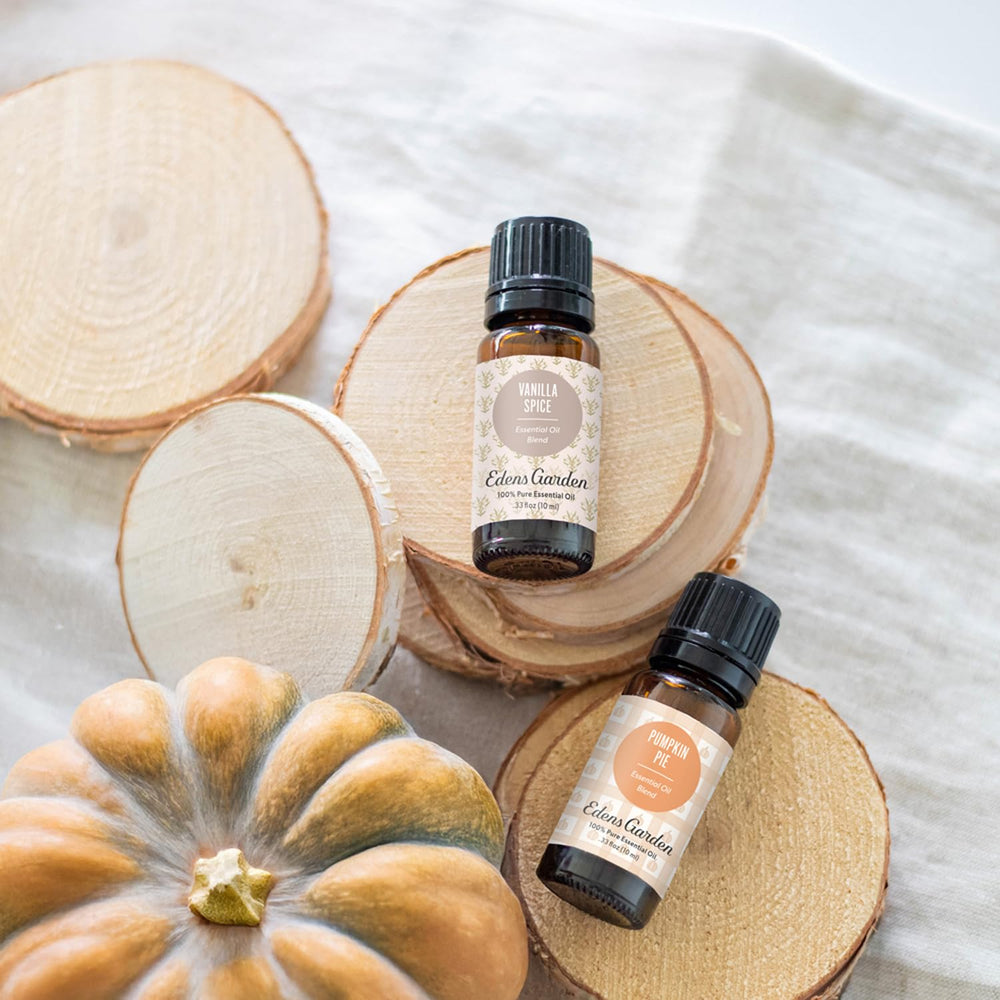 Close-up of vanilla spice essential oil bottle label