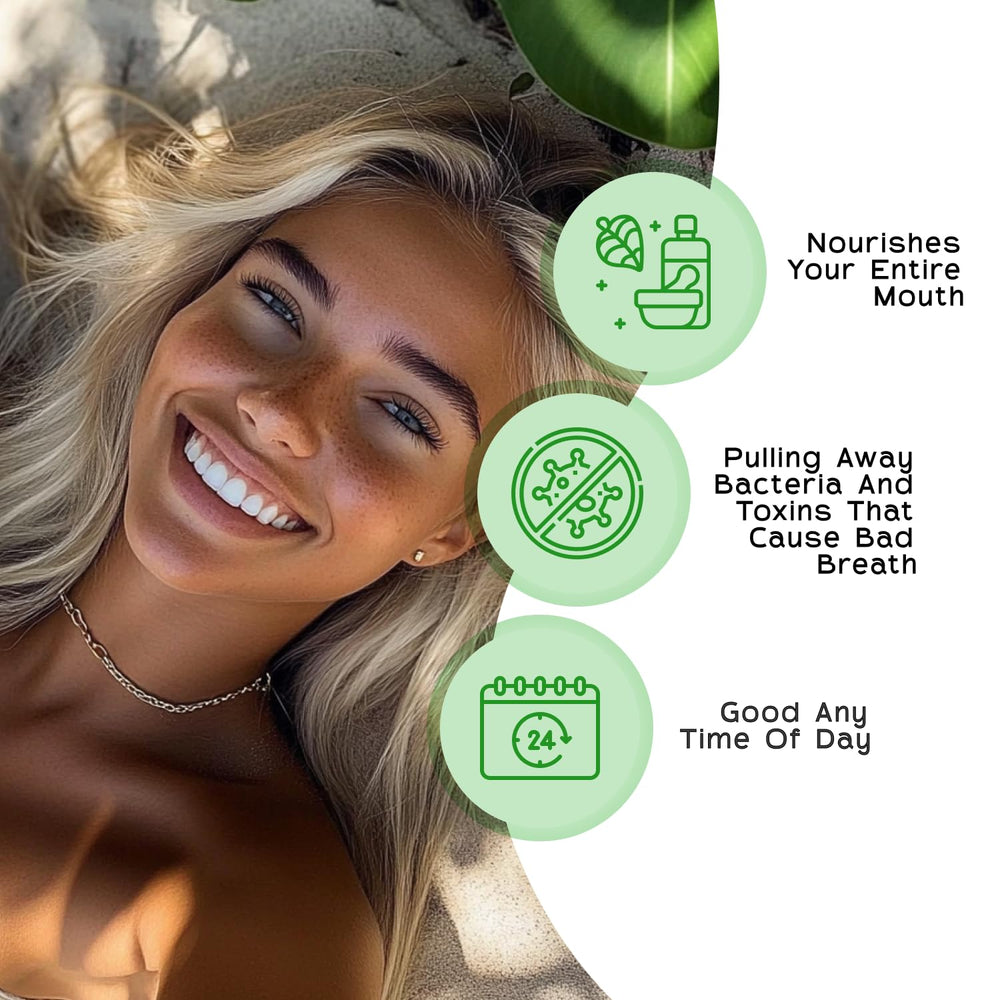Close-up of Vanman's oil pulling formula for teeth and gums with peppermint.