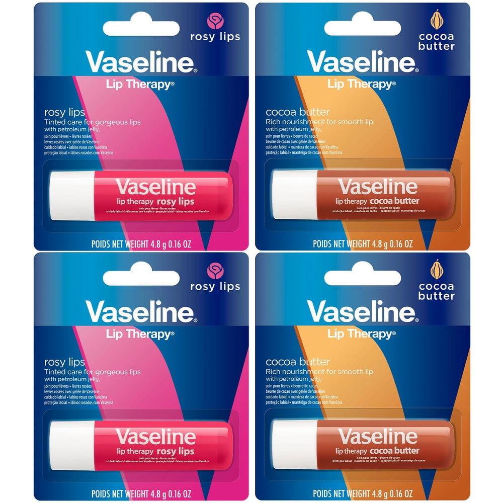 Vaseline Lip Therapy Variety 4-Pack with Cocoa Butter for daily moisture and protection.