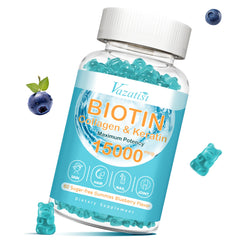 Front view of Vazatisi Biotin & Collagen Gummies bottle with blueberry flavor