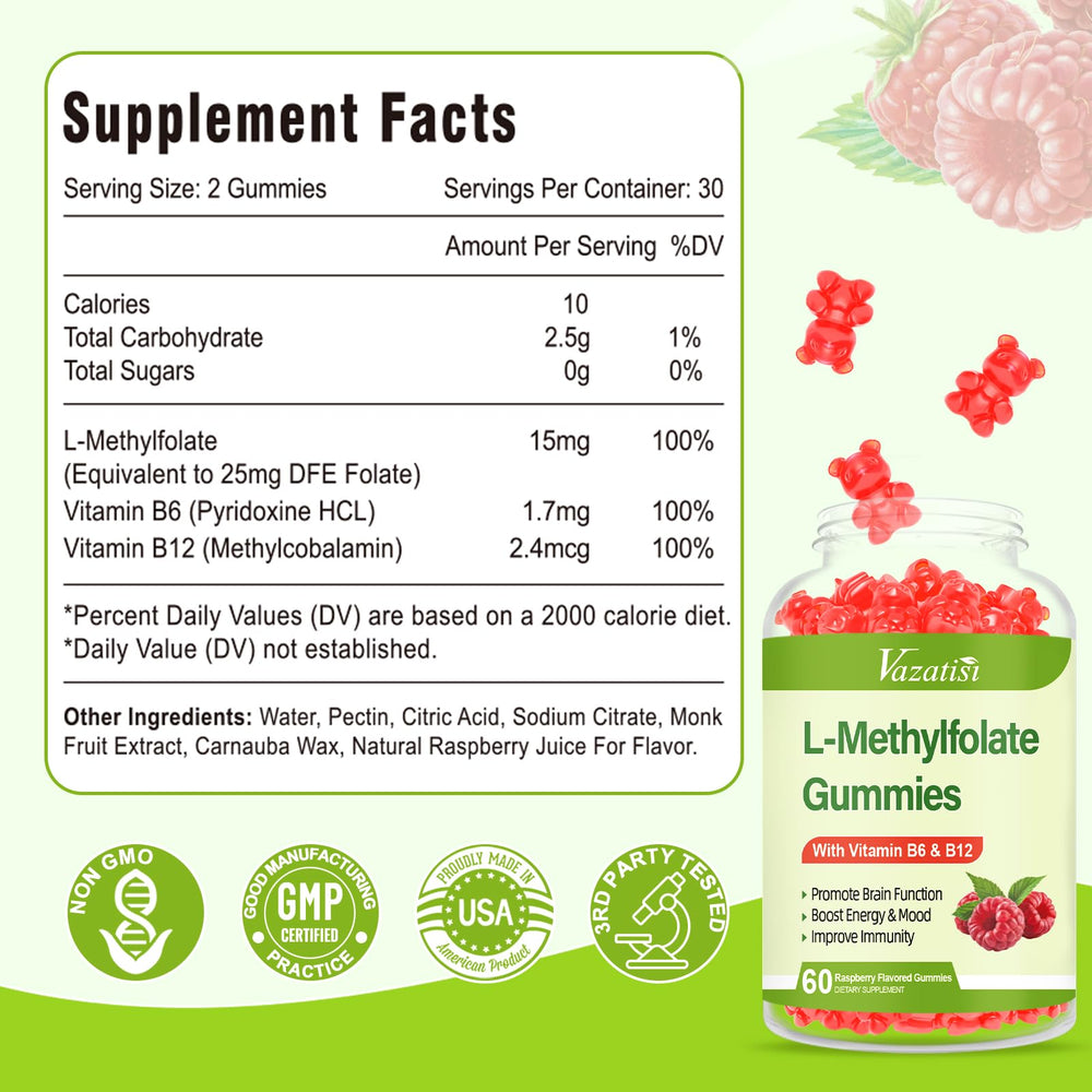 Serving suggestion for Vazatisi L-Methylfolate Gummies Raspberry (2 gummies per serving)