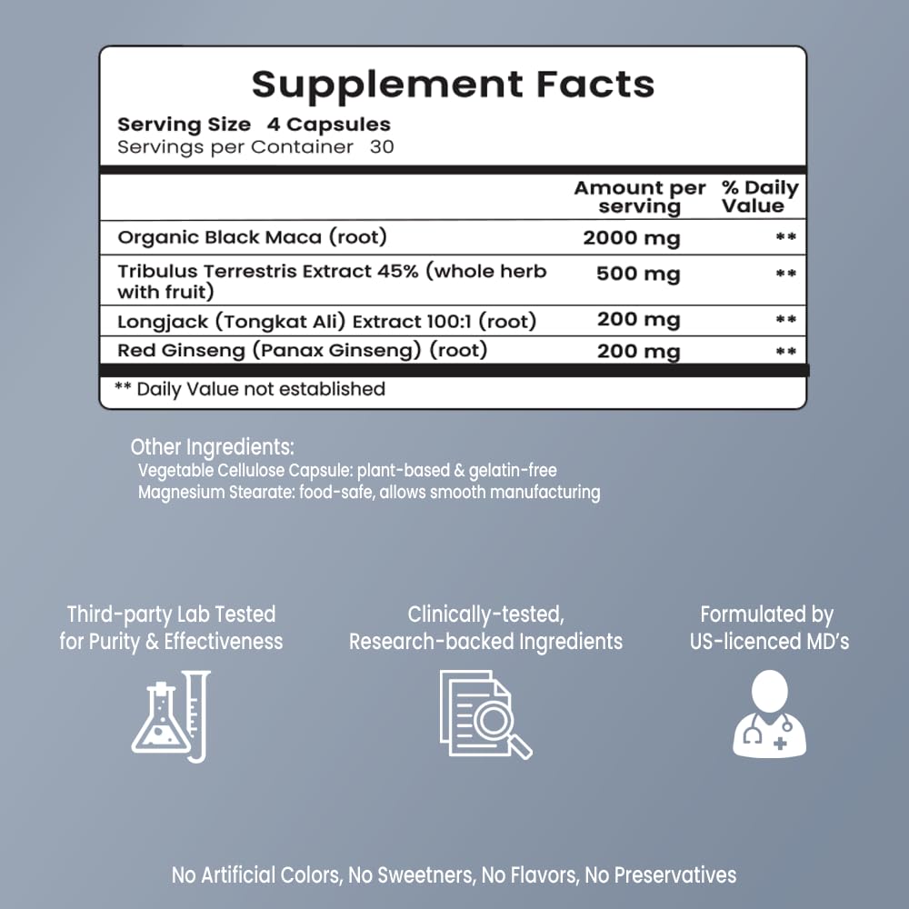 Ingredients: Black Maca, Tongkat Ali, Tribulus Terrestris Extract, Red Ginseng