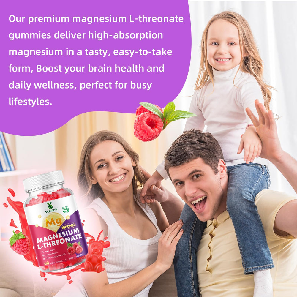 Raspberry-flavored magnesium threonate gummies next to bottle