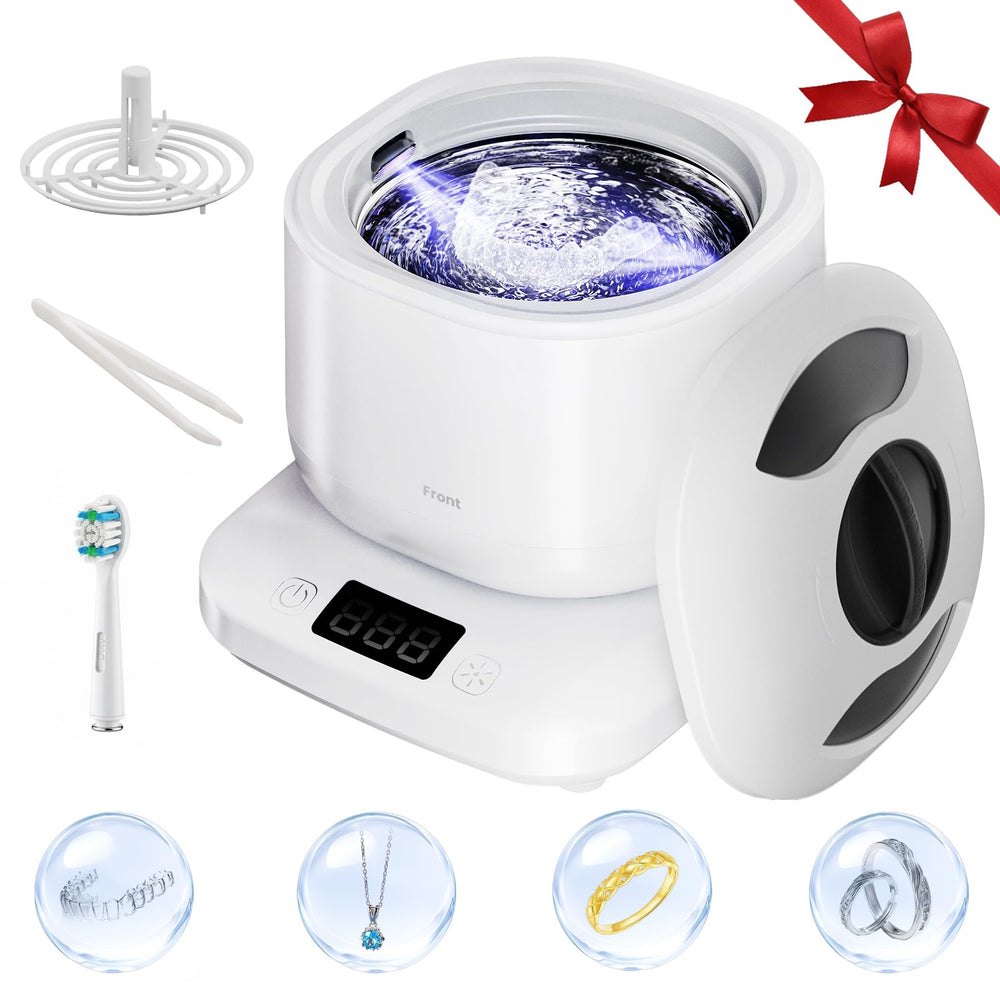Front view of Vcyems ultrasonic cleaner delivering 360° cleaning