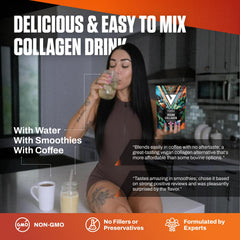 VEDGE vegan collagen powder pouring into liquid, dissolves easily.