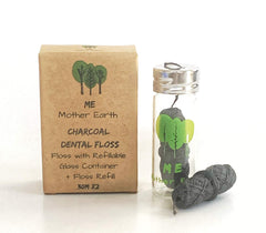 Vegan bamboo charcoal dental floss in a refillable glass container (2-pack)