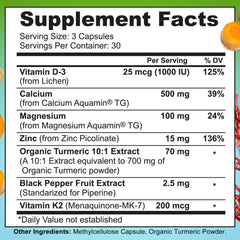 Vegan calcium magnesium zinc with D3, K2 and turmeric