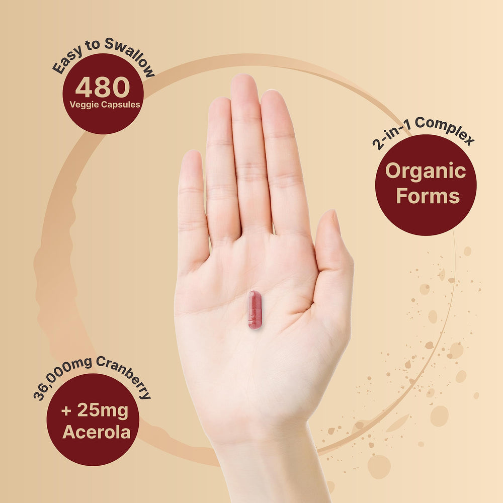 Vegan capsules containing cranberry pills with acerola