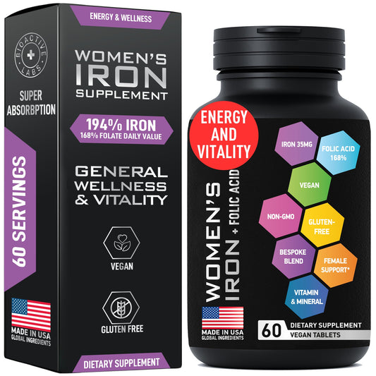 Vegan iron supplement bottle for women with folic acid