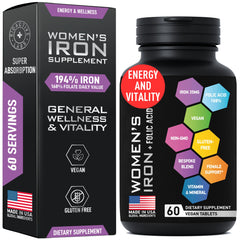 Vegan iron supplement bottle for women with folic acid