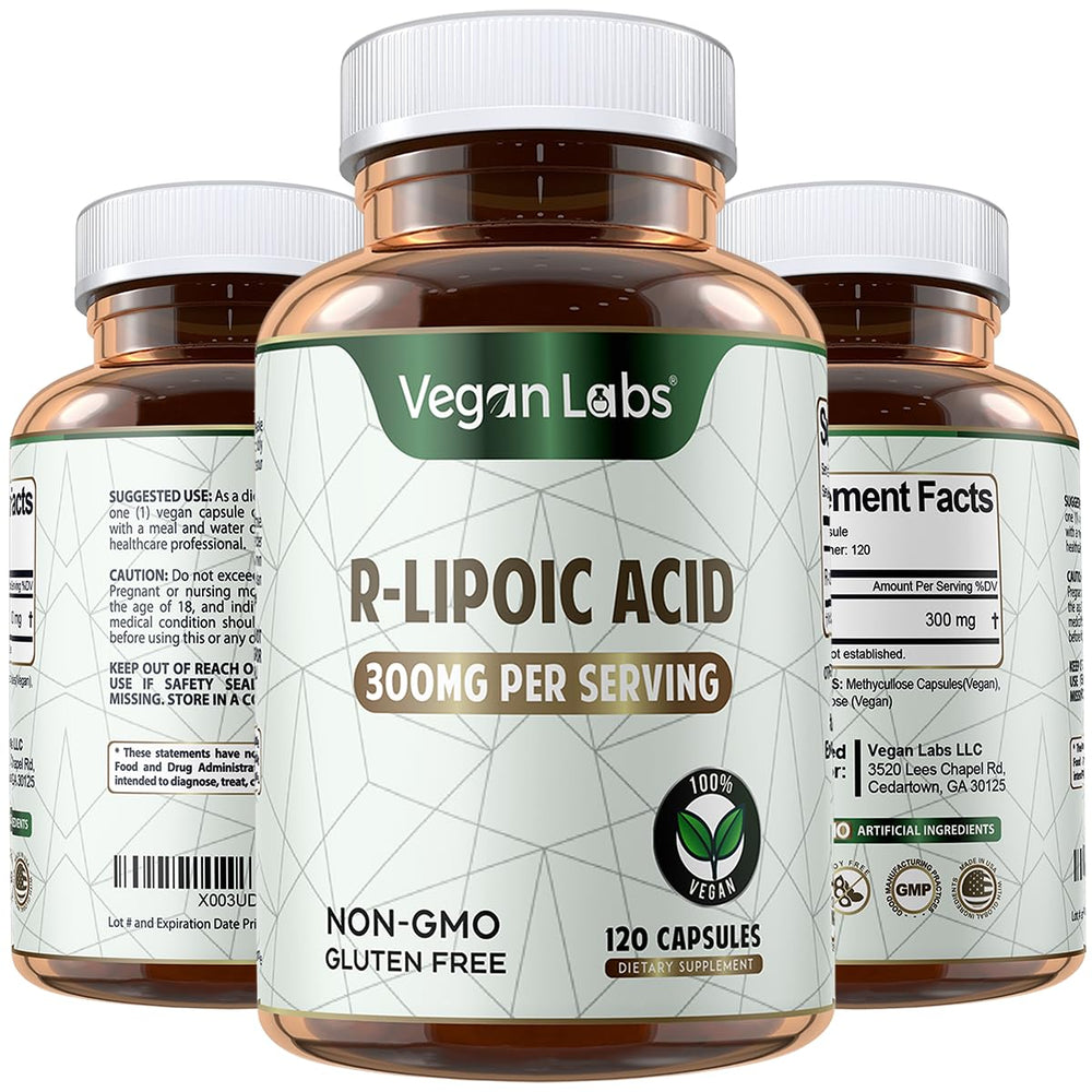 Vegan Labs R-Lipoic Acid 300mg bottle with 120 vegan capsules