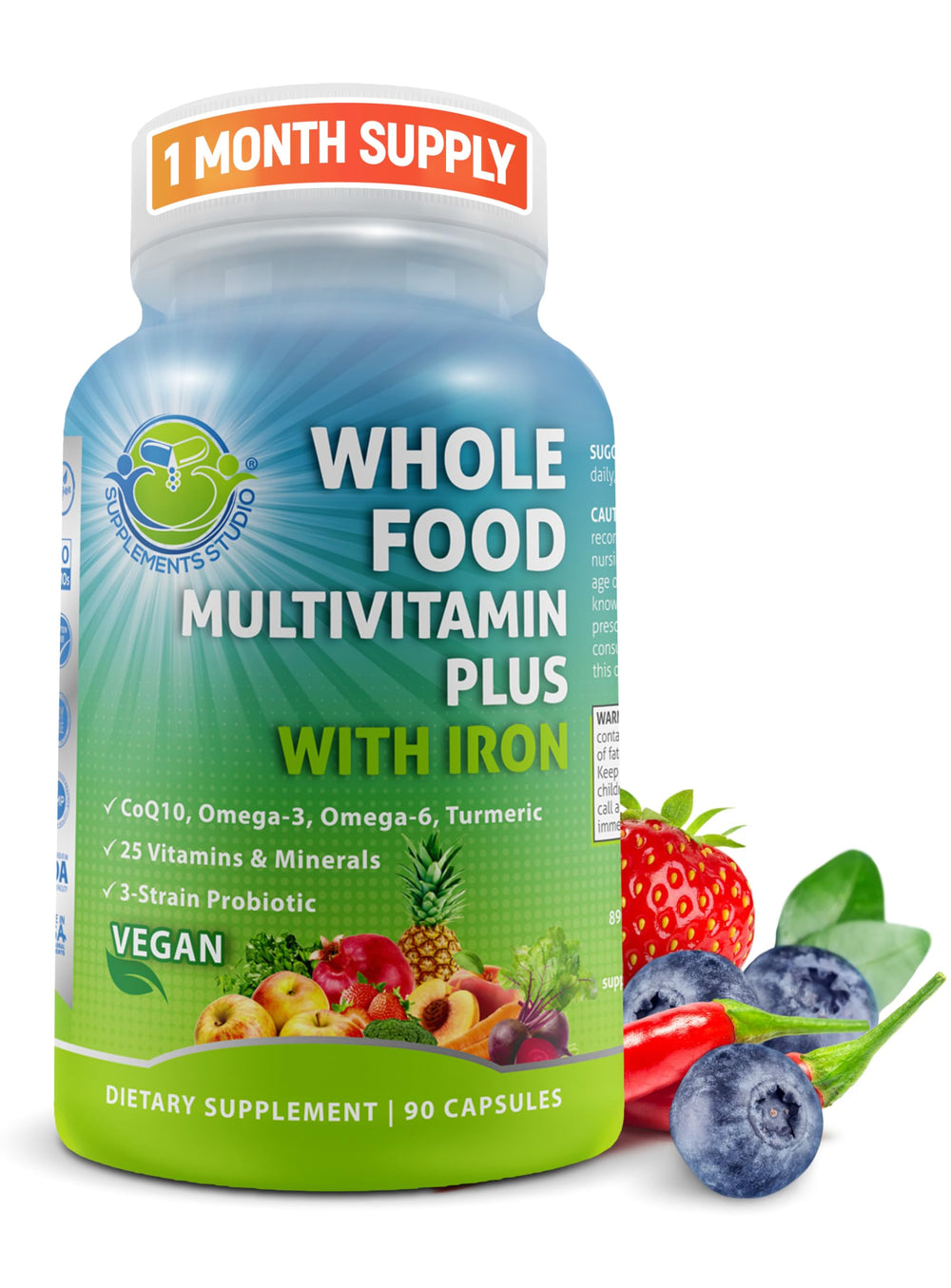 Vegan Whole Food Multivitamin bottle with Iron and methylated B-complex