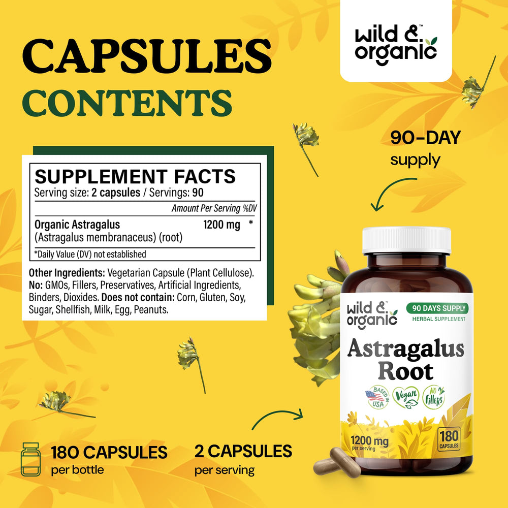 Vegan and Non-GMO icons on astragalus capsule packaging