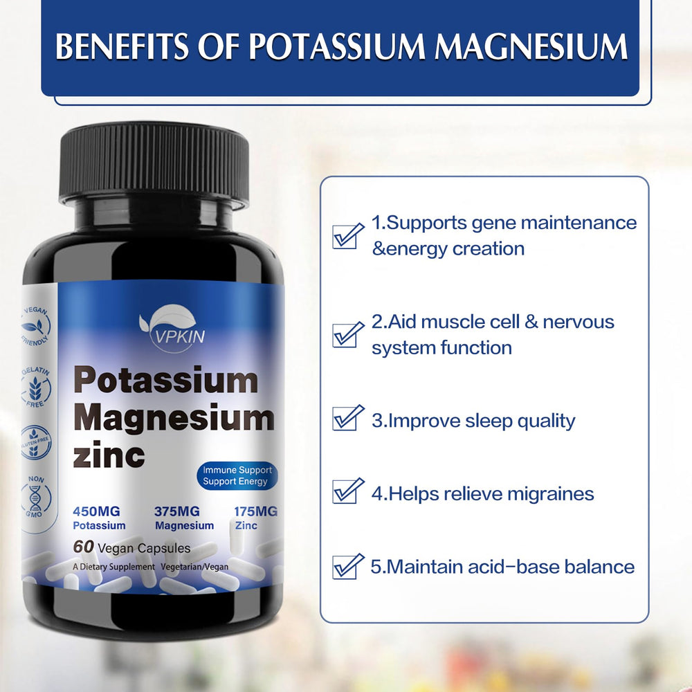 Vegan non-GMO gluten-free potassium magnesium zinc supplement label