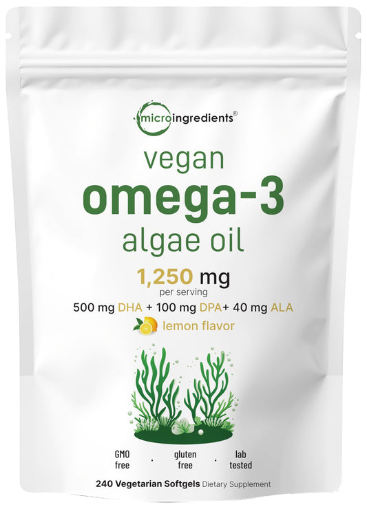 Front view of Micro Ingredients vegan omega-3 algae oil 240 softgels