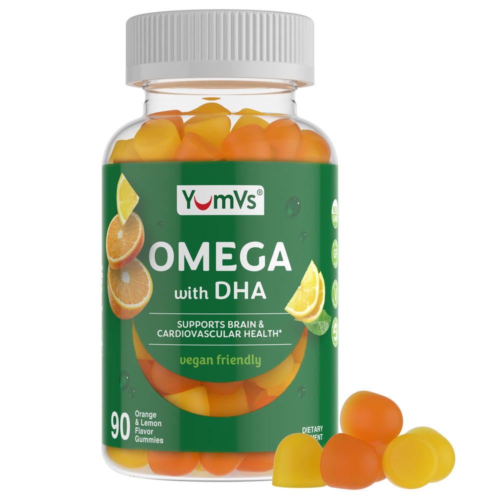 Front view of YumVs Vegan Omega 3 Gummies bottle with lemon and orange flavors